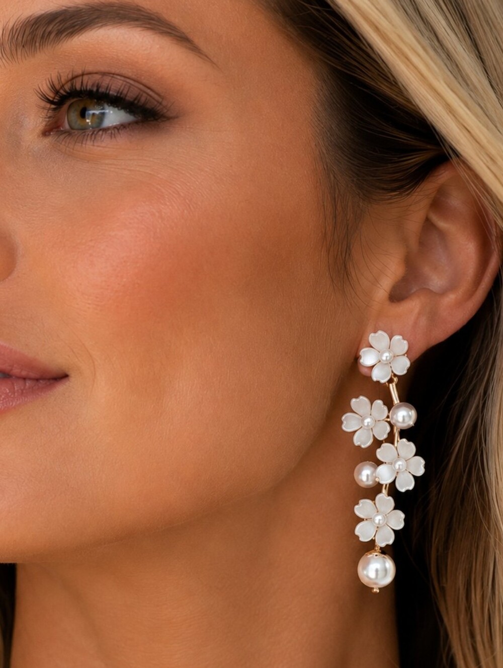 Elegant White Floral Pearl Drop Earrings